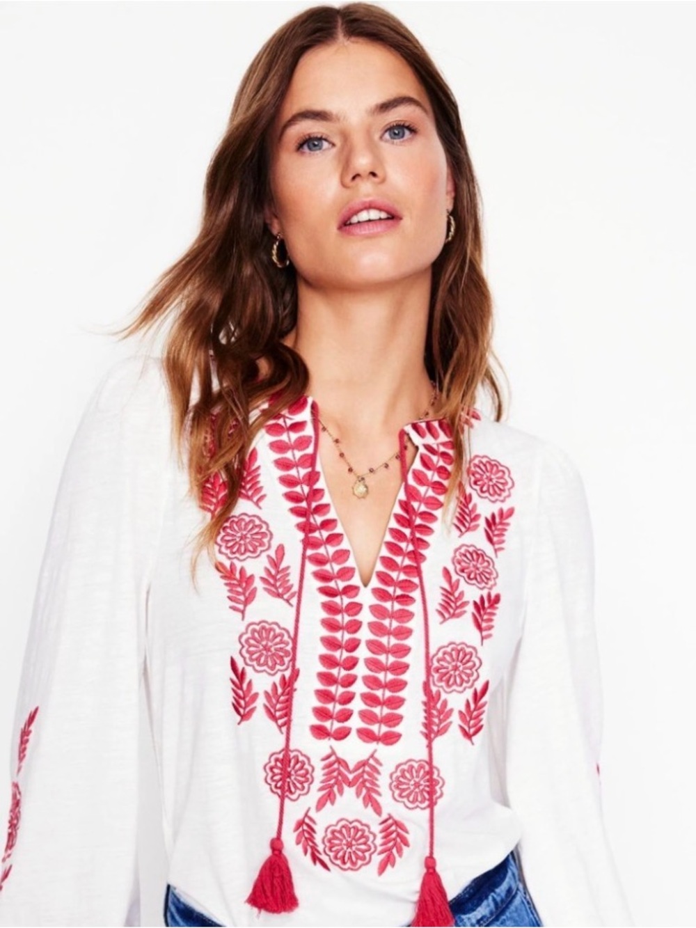 Embroidered Boden V-Neck Peasant Top -RedEmbroidery, Long Sleeve & Tassels